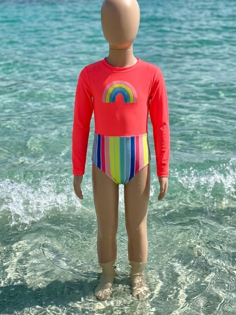 Cat & Jack Bright Coral Long-Sleeve Rainbow One-Piece Swimsuit